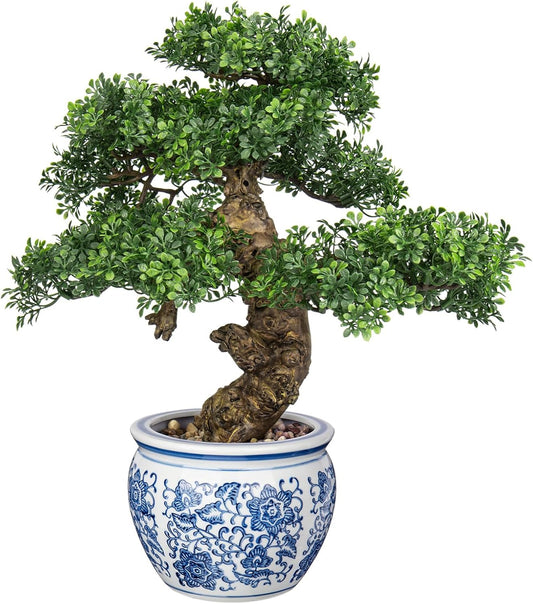 Fake Bonsai Tree Bonsai Plant 17” Tall Artificial Bonsai Trees with Blue and White Porcelain Decorated with Pebbles Desk Plant Indoor Bonsai for Home Office Decor