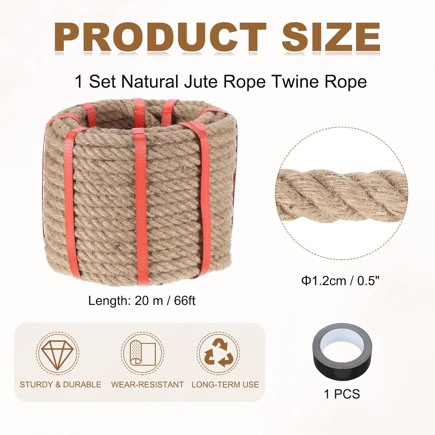 MECCANIXITY Jute Rope 0.5 Inch x 66ft, Thick Twine Rope Ropes Braided Jute Twine Natural Brown Burlap Cord String Heavy Twisted with Tape for Decorative Crafts Railing Swing Tug of War