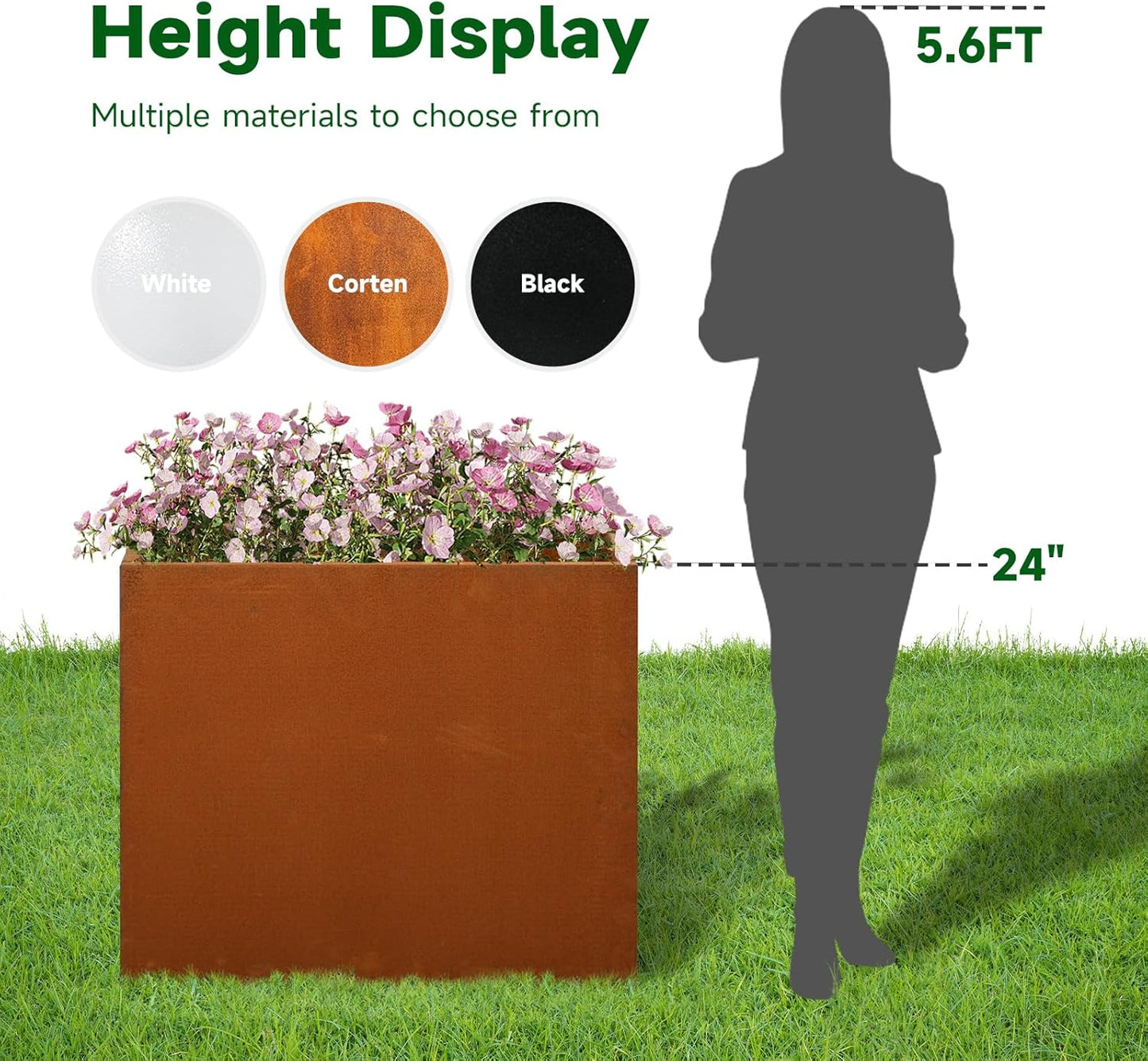 Galvanized Steel Metallic Heavy Planter for Outdoor Plants Metal Outdoor Planter Spliced Flower Box with Partitions for Outside,Indoor,Garden (Corten, 32 * 15 * 24)