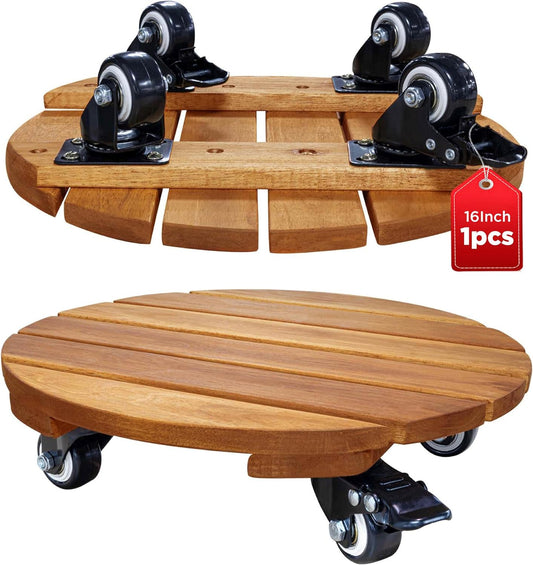 Idzo 16inches Capacity 500lbs Wood Plant Caddy With Wheels Heavy Duty, Acacia Hardwood Plant Dolly, Plant Stand with 360° Lockable Wheels for Plant Pots, Heavy Objects Hauling - Natural Wood