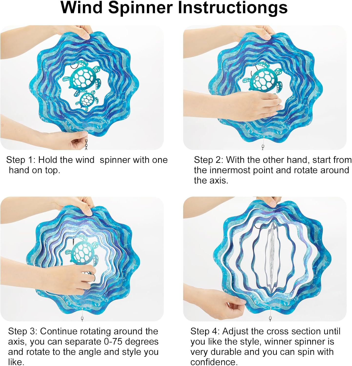 Sea Turtle Hanging Wind Spinners - 12 Inch 3D Kinetic Outdoor Large Metal Wind Spinner Blue Wave and Turtle Pattern with Starfish Pendant for Yard and Garden Decoration Laser Cut Sculpture Art