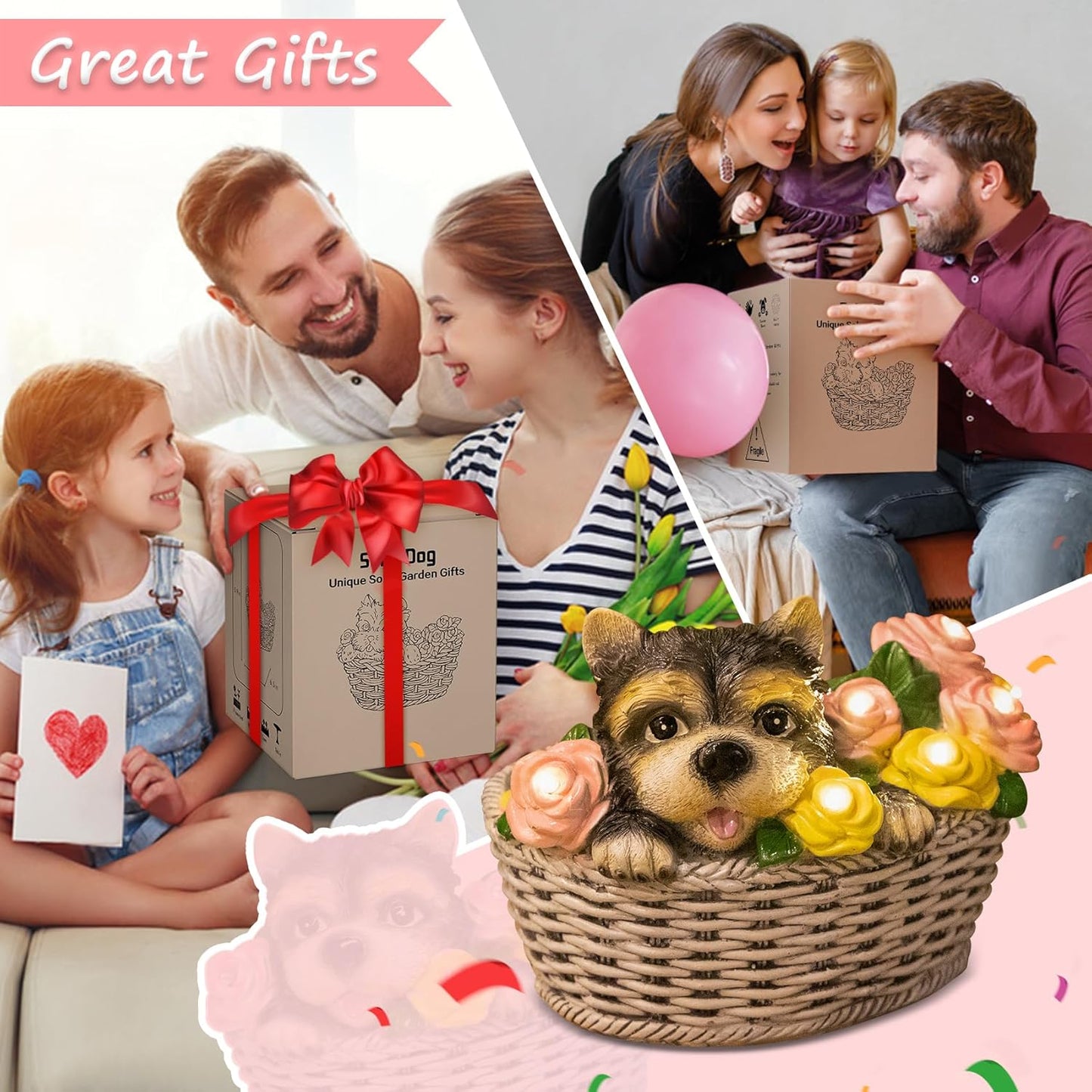 HOMEIMPRO Solar Garden Decor Dog Garden Gifts for Women, Yorkie Puppy Lovers Gifts Mothers Day Birthday for Mom Grandma,Outdoor Statues Solar Lights, 8LED Lights Balcony Yard Decor, Patio