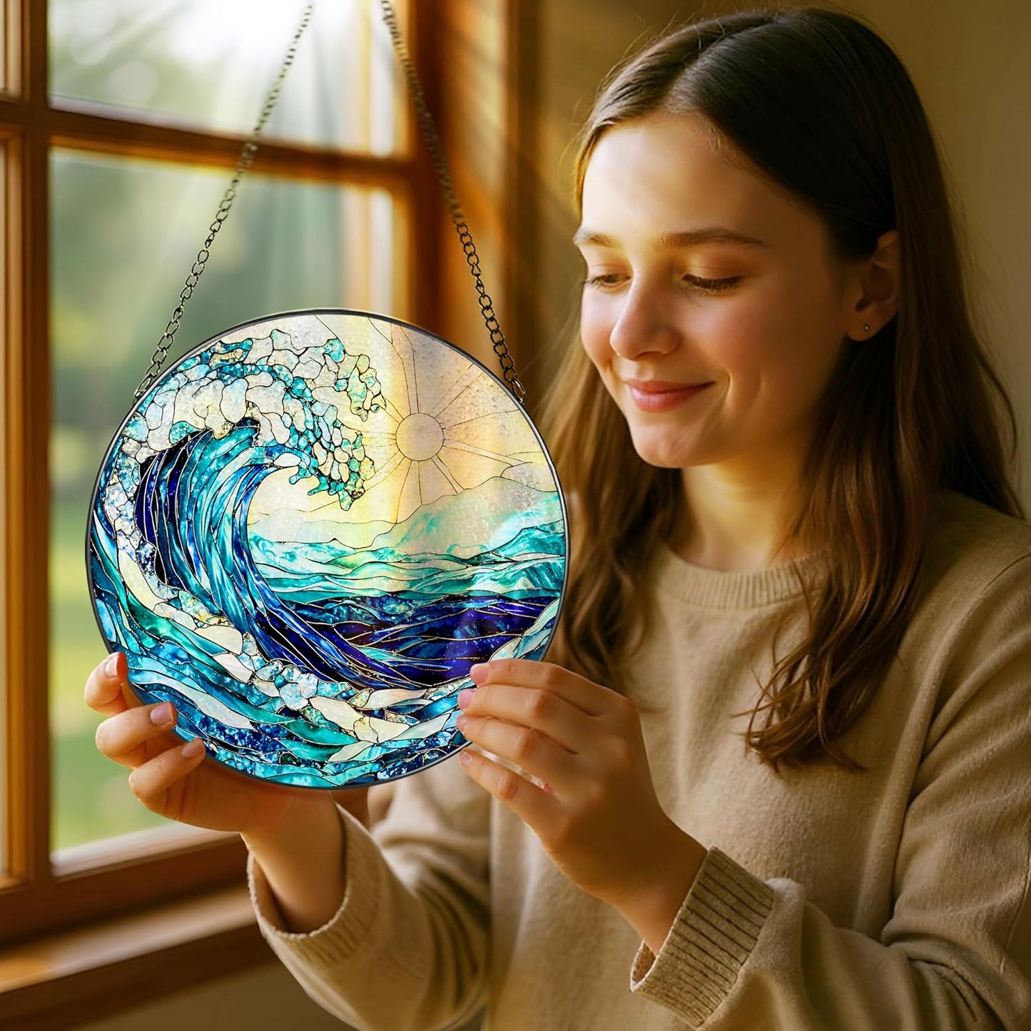 Stained Glass Window Hanging, 8 Inch Ocean Waves Stained Glass Suncatcher, Window Hanging Decor, Beach Decor, Ocean Suncatcher Gift, Beach Lover Gift, Gifts for Couples Friends Family