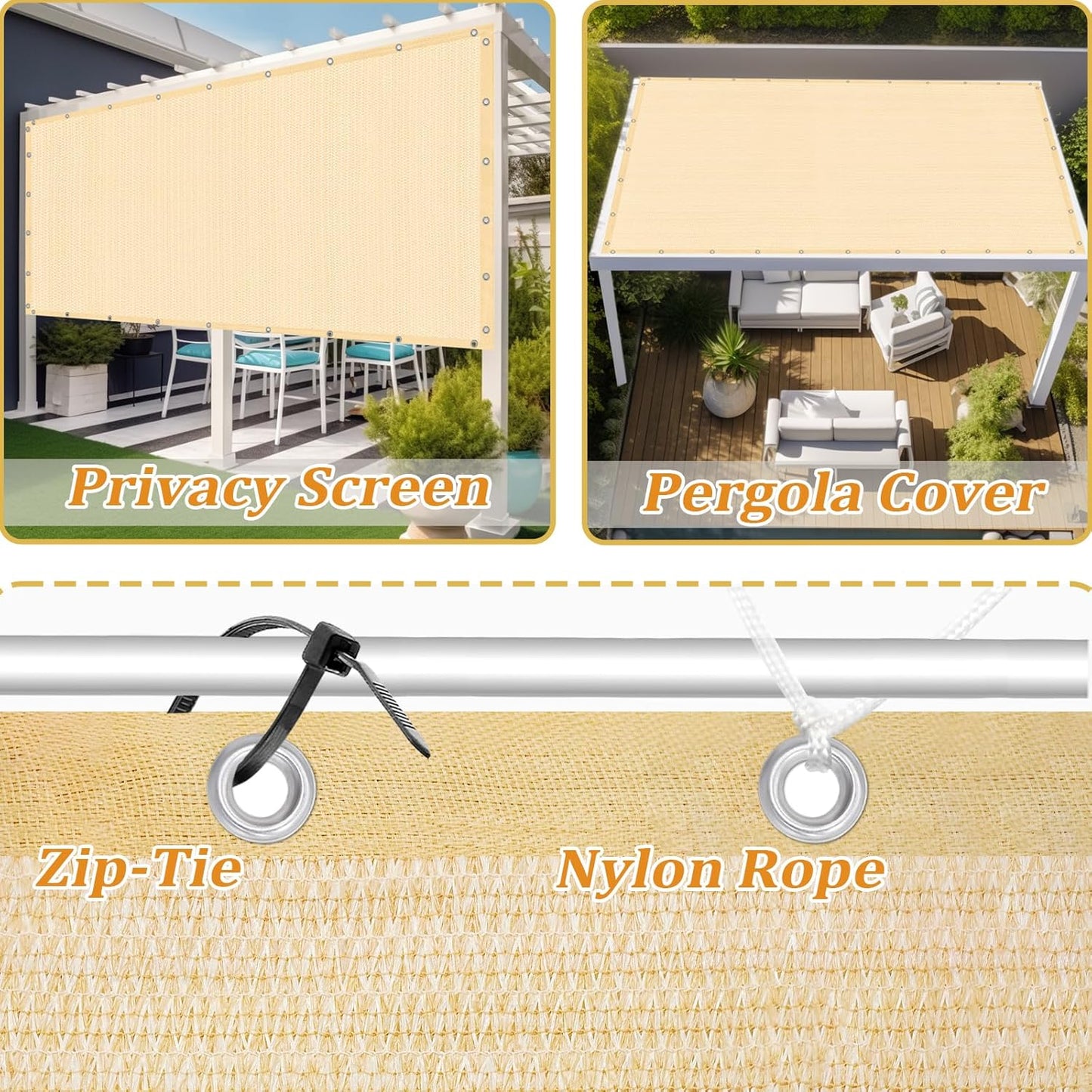 Shade&Beyond Customized Size 90% Sun Shade Cloth with Grommets, 4' X 15' Pergola Shade Cover Canopy, Mesh Tarp Sun Screens for Patio, Outdoor, Garden, Backyard GN01, Wheat