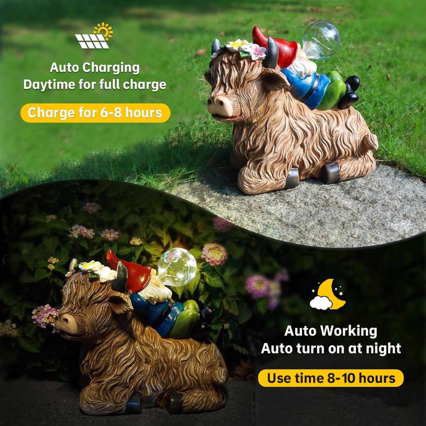 Solar Highland Cow Gnome Garden Decor Statue, Outdoor Funny Solar Light Decoration for Yard, Patio, Lawn, Unique Housewarming, Birthday Gift for Women, Mom, Grandma