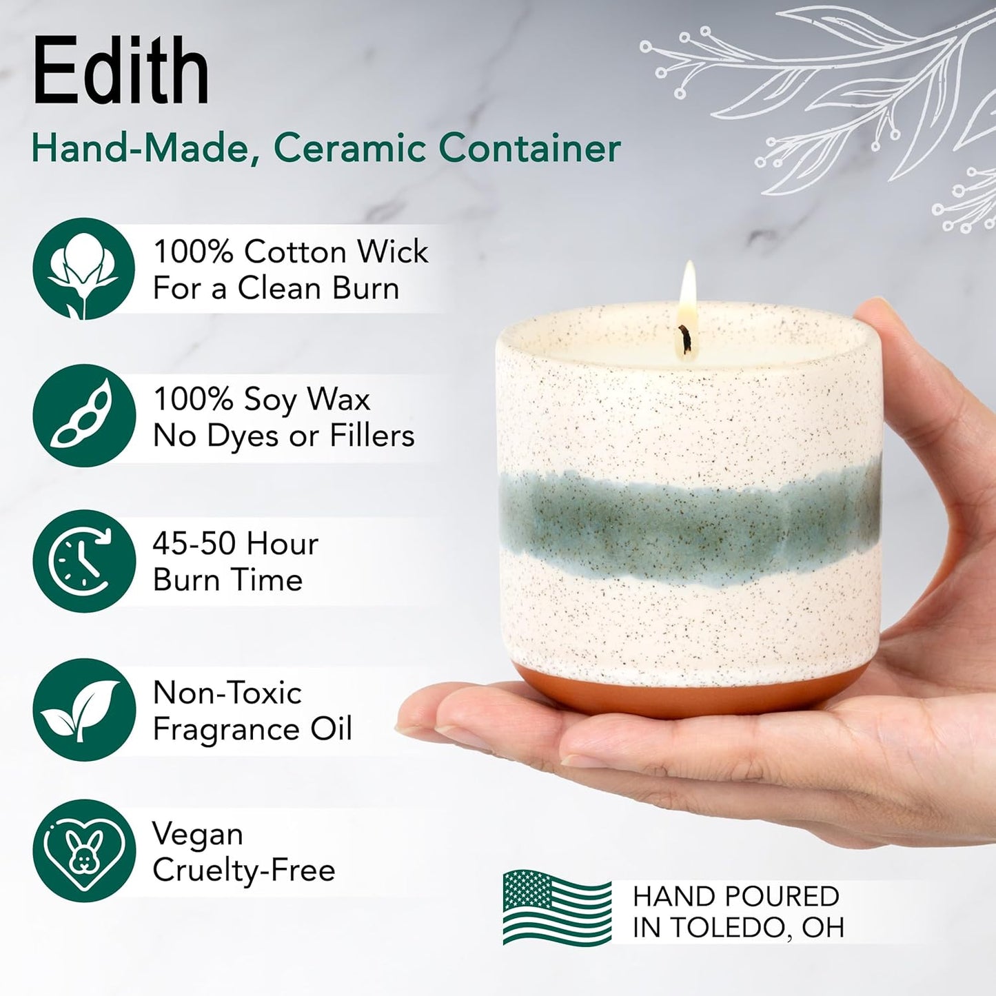 The Growing Candle, Sandalwood & Vanilla Scented, 8.5oz Ceramic Pot, Aromatherapy Candles for Home, 100% Soy, Edith