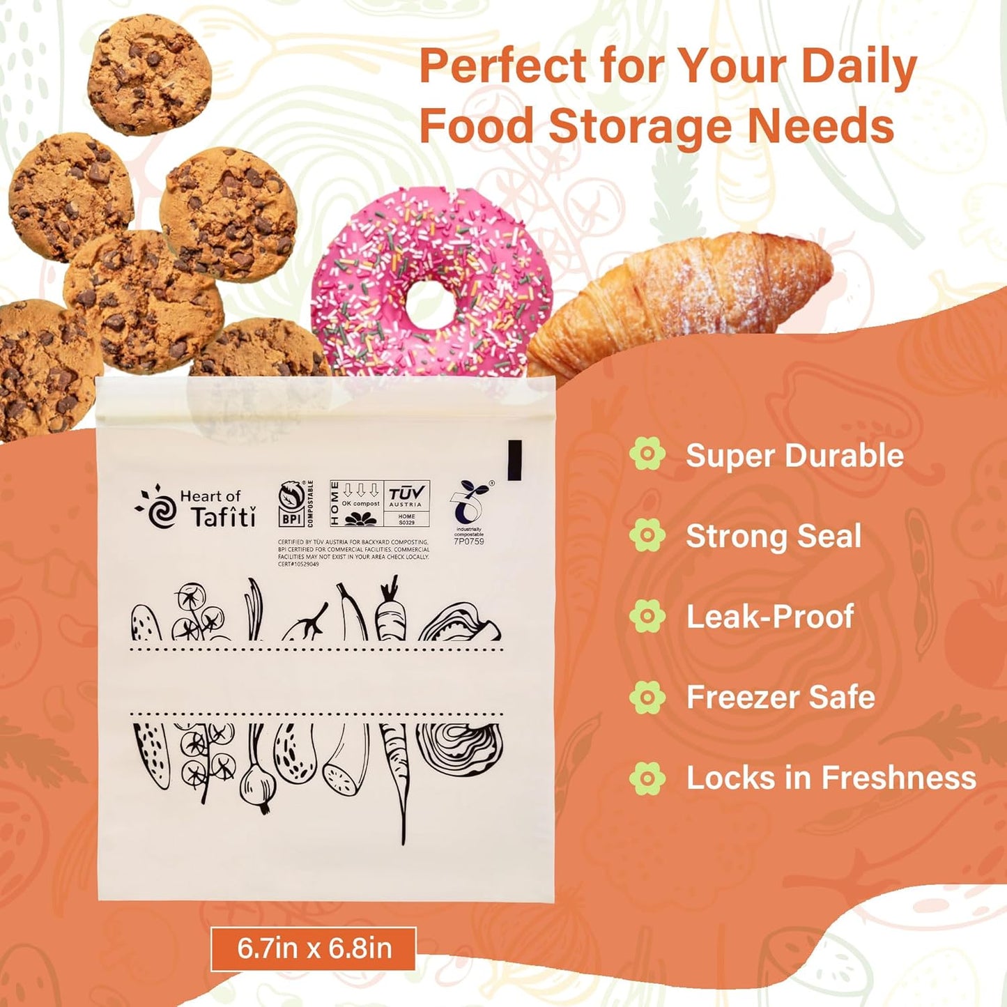 Compostable Food Storage Bags, Resealable Sandwich Bags, 100 Count, 6.7 x 6.8 inches, Extra Thick and Reusable, Eco-Friendly, Certified US BPI ASTM D6400 Europe OK Compost