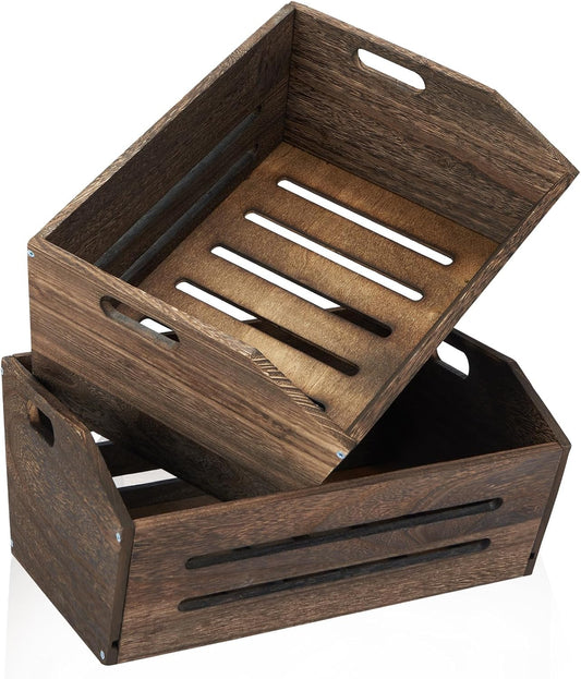 ELONG HOME Wooden Crate, 2 Pack Fast Assemble Rustic Wooden Crates for Storage, Decorative Farmhouse Wooden Crate Basket, Vintage Wood Crates Display for Fruits and Vegetables