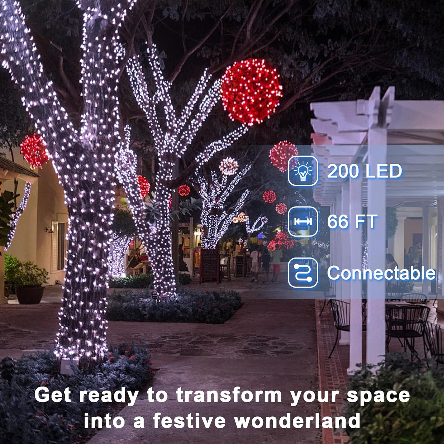 200 LED 66ft Christmas String Lights Indoor Outdoor, 8 Modes Christmas Fairy Lights with Timer & Momory, IP44 Waterproof Christmas Tree Lights for Xmas Patio Yard Fence Balcony Garden (Cool White)