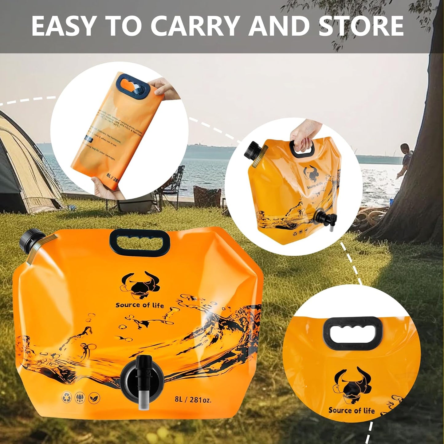 Collapsible 8L Water Storage Bag, BPA-Free Portable Folding Water Jug with Adjustable Faucet, Leakproof Emergency Water Bag for Camping, Hiking, Riding, Outdoor Sport (Orange, 4)