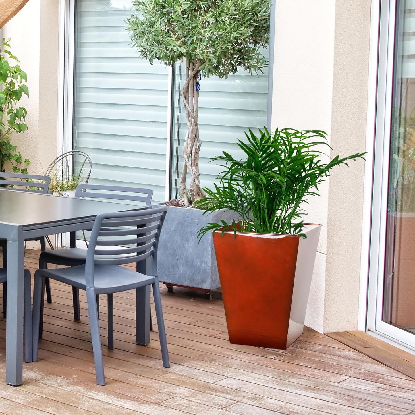 KOL 18''H. Bright Glazed Planter with Drainage Hole, Set of 2, Galvanized Steel Planter Pots for Indoor & Outdoor Use, Decorative Flower Plant Pots for Front Porch, Patio, Deck - Reddish Brown