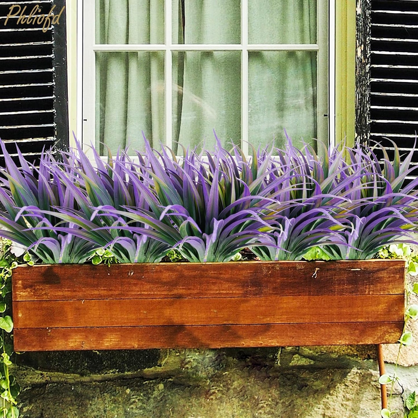 32Pcs Artificial Grass Fake Plants 17.3in Outdoor Plants UV Resistant Faux Greenery Stems Fake Grass for Home Window Garden Office Patio Pathway Front Porch Halloween Décor Green & Purple