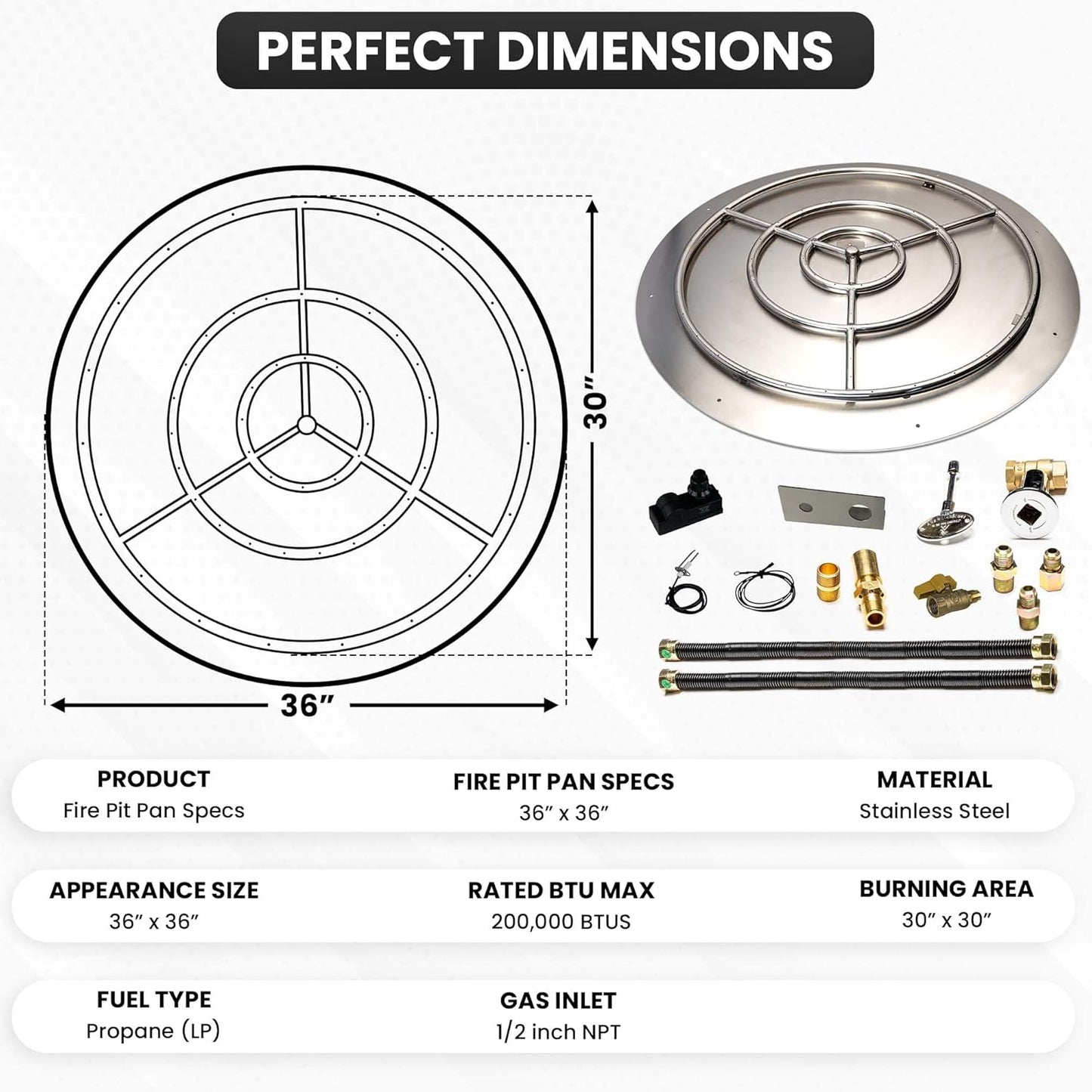 Stainless Steel Fire Pit Burner Pan & Ring Deluxe Kit for Liquid Propane, 36-Inch Pan, 30-Inch Ring, 200,000 BTU Max