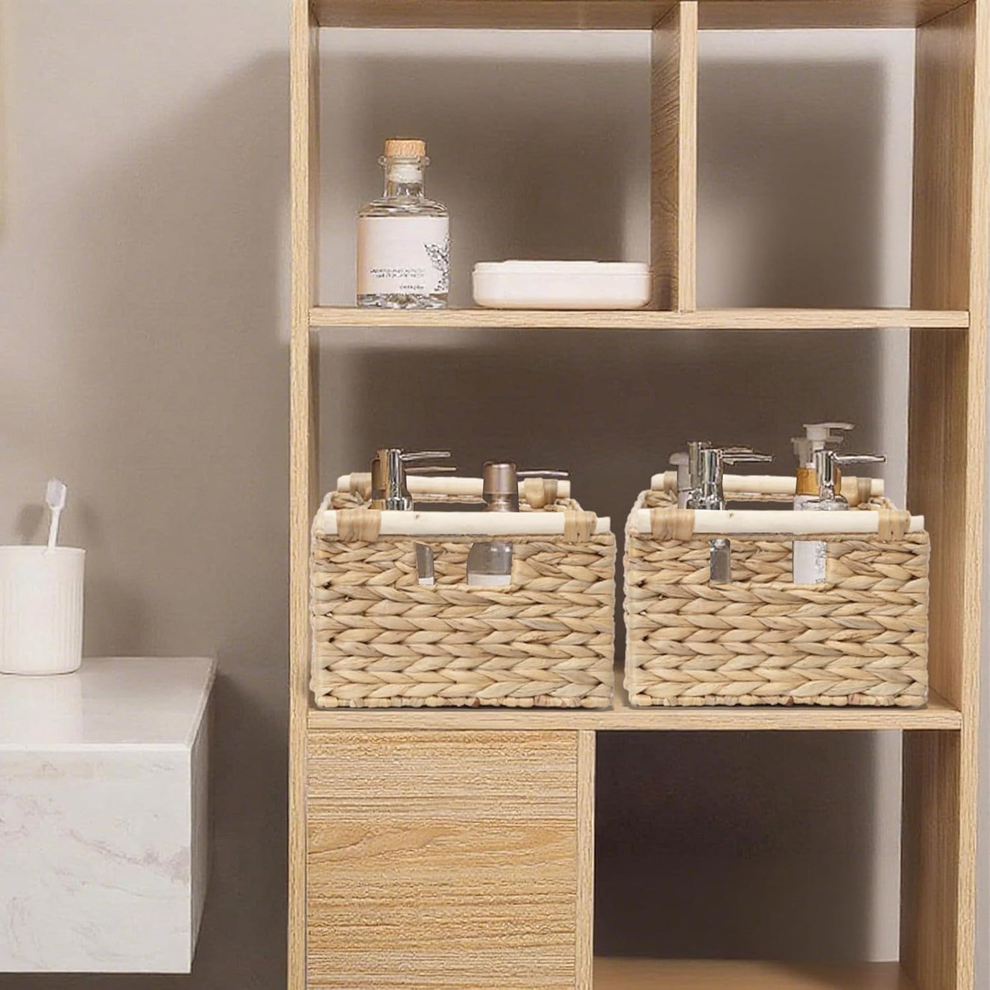 Handmade Water Hyacinth Woven Storage Baskets with Wooden Handles, Rectangle Rustic Organizer Set for Home Decor, Kitchen, Bedroom & Office (Large)