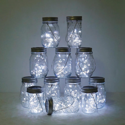 Decorman Solar Mason Jar Lights, 12 Pack 30 LED Fairy Star Firefly String Lids Lights with 12 Hangers for Patio Yard Garden Party Wedding Christmas Decoration(Jars Not Included) (12 Pack, Cool White)
