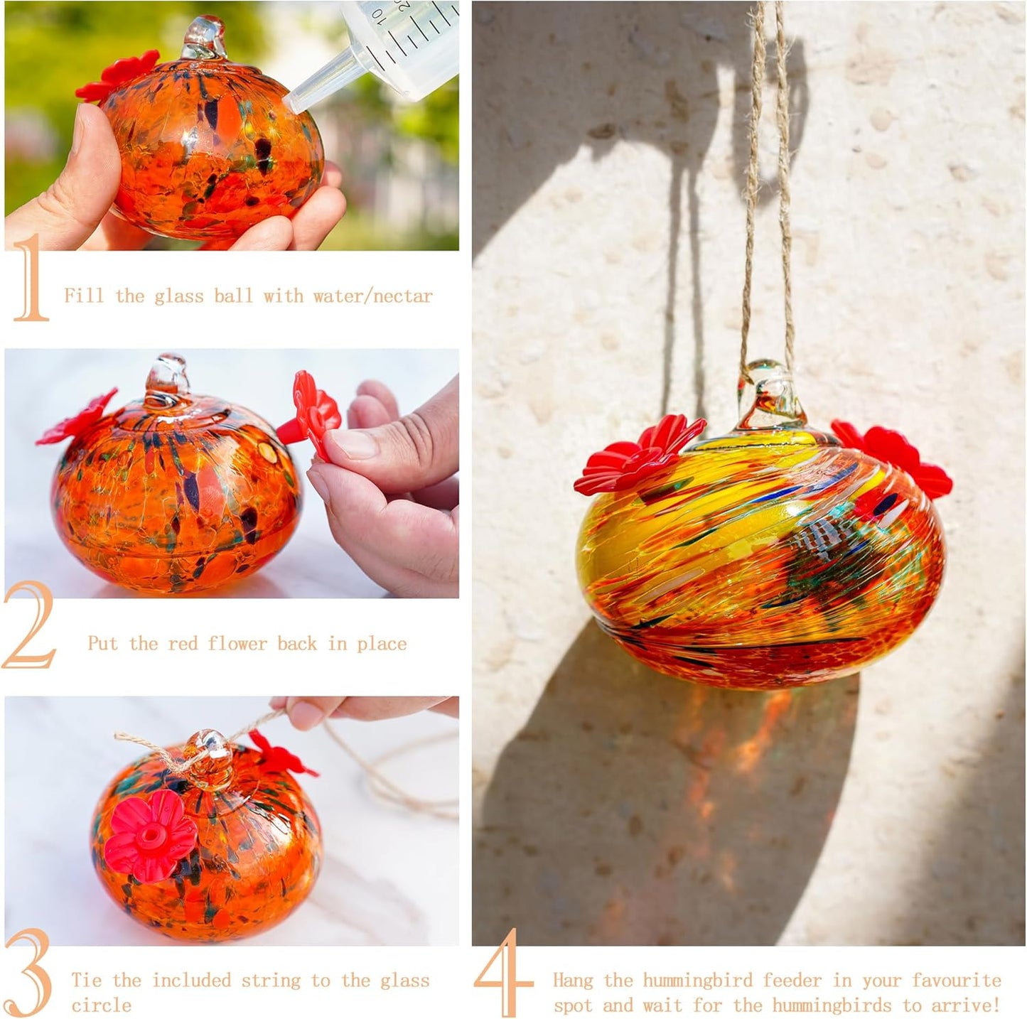 Small Colorful Hummingbird Feeder Glass for Outdoors Window Hanging Blown Glass Hummingbirds Feeders for Outside with 2 Feeding Ports Ant and Bee Resistant Humming Birds Feeder Gifts for Women