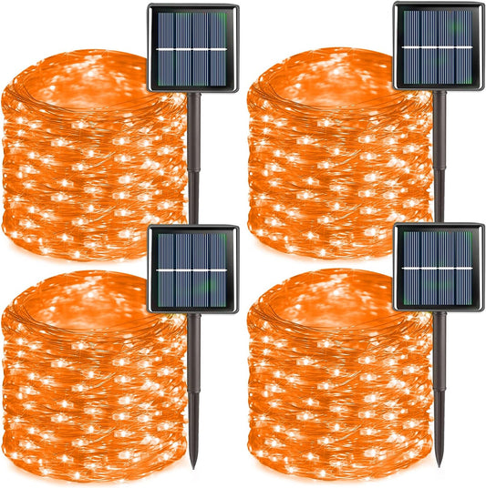 QITONG 4 Pack Orange Solar Fairy Lights, Each 33ft 100 LED Halloween Lights Outdoor Waterproof, 8 Modes Copper Wire Mini String Lights