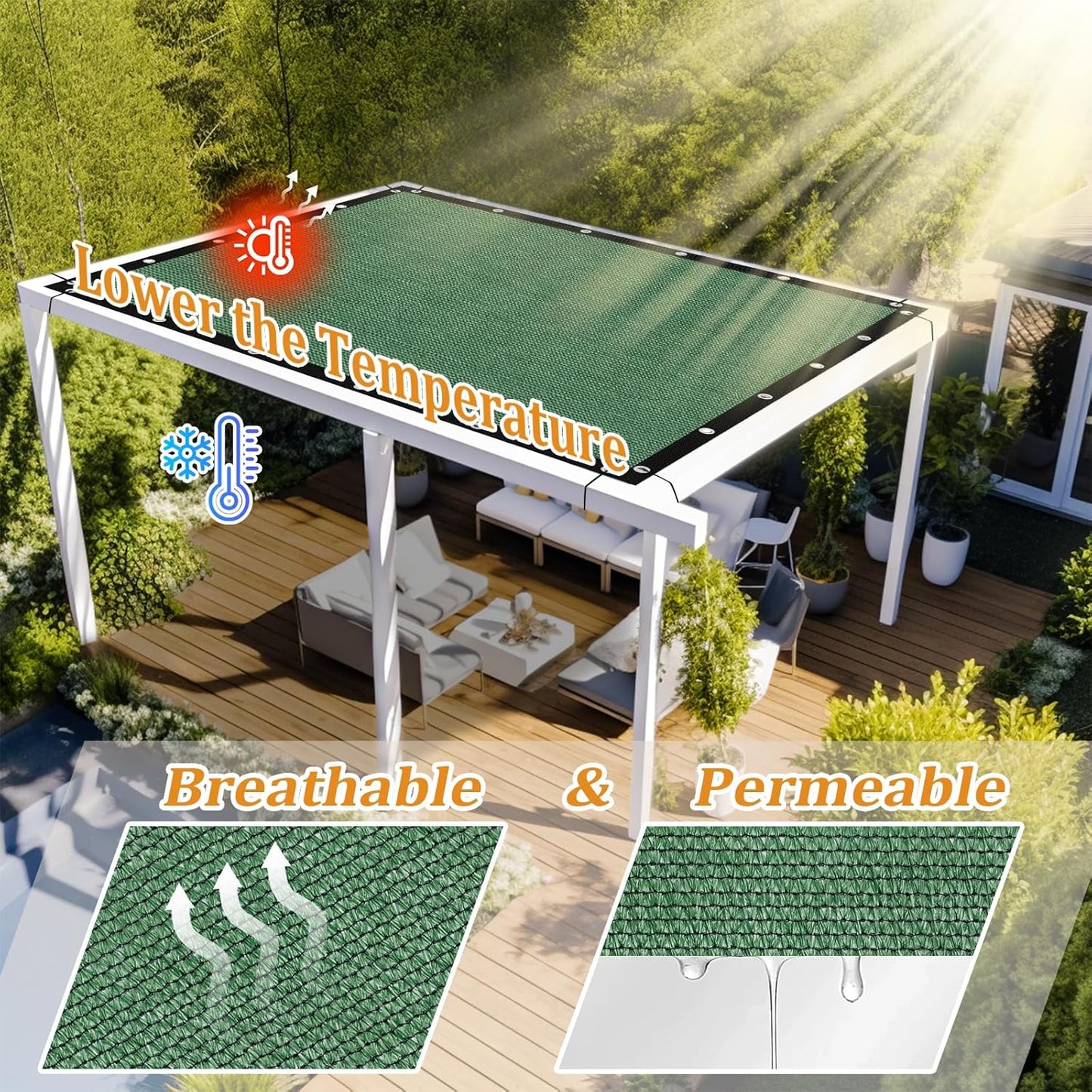Shade&Beyond Customized Size 90% Sun Shade Cloth with Grommets, 8' X 20' Pergola Shade Cover Canopy, Mesh Tarp Sun Screens for Patio, Outdoor, Garden, Backyard GN01, Green