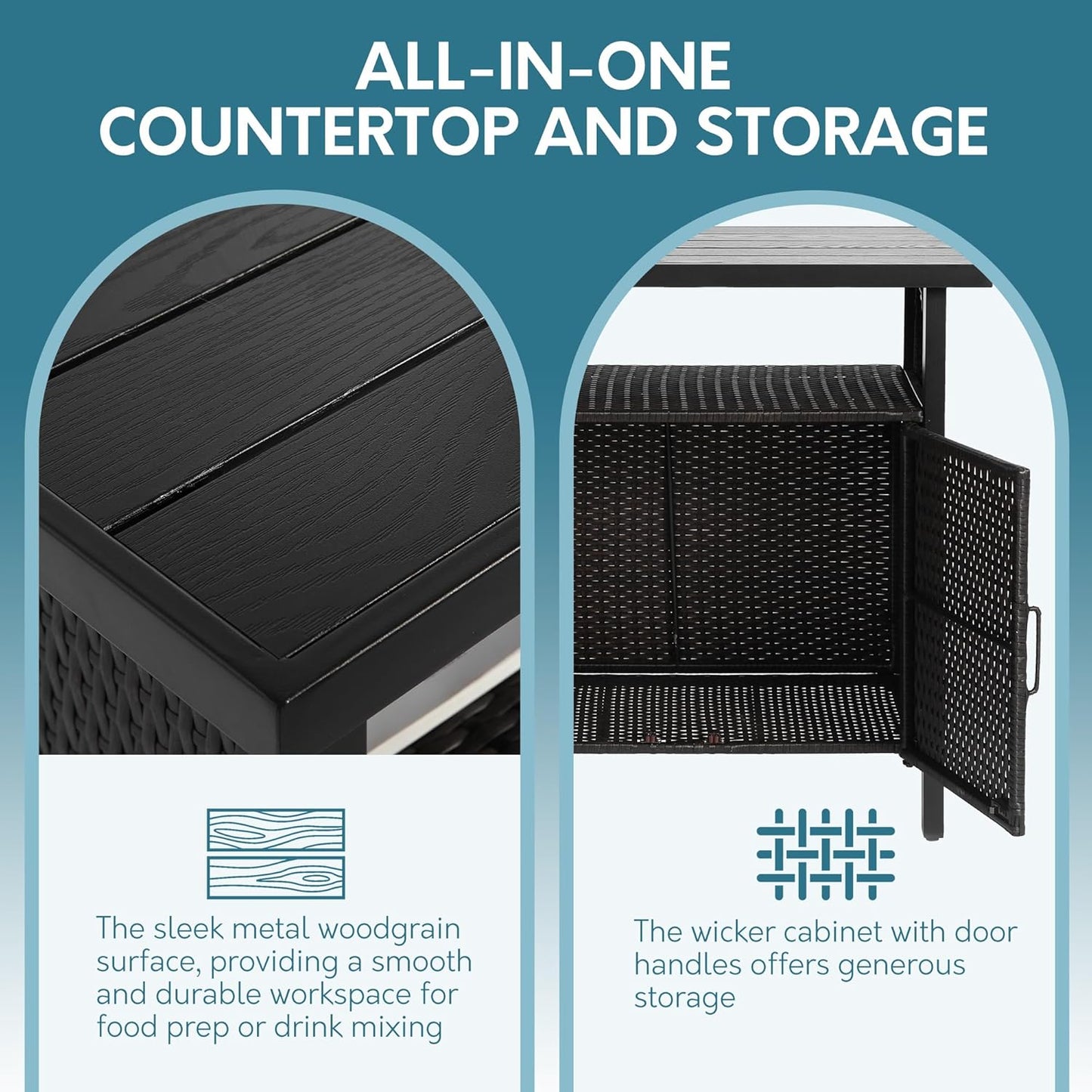 Outdoor Indoor Storage Cabinet with Rolling Wheels, Patio Serving Cart with Bar Table and Wicker Cabinet, Kitchen Island Prep Table, Black