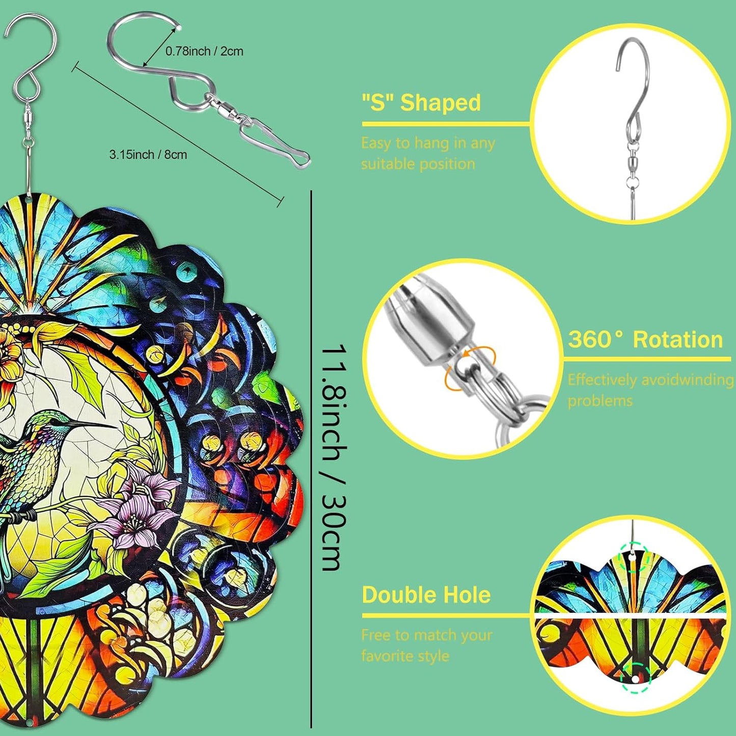 Wind Spinners Hummingbird Arts12 inch 3D Stainless Steel Laser Cut Metal Art Geometric Pattern Wind Sculpture Hanging for Yard Garden Decorations Gifts Indoor Outdoor