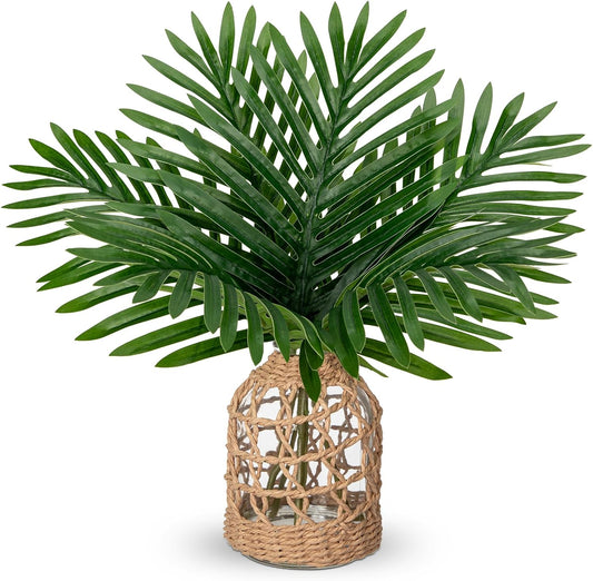 Fake Plants 14.2" Faux Palm Plant in Glass Vase, Realistic Tropical Fake Palm House Plants Artificial Palm Leaves Greenery Stems for Home Bathroom Office Farmhouse Balcony Shelf Centerpiece Décor