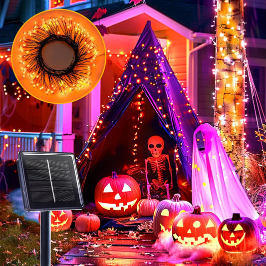 Brightown Orange Lights, 19.6Ft 240 LED Solar Fairy Lights, Halloween Lights Outdoor with 8 Modes, Waterproof Twinkle Fall Light for Patio Yard Trees Party, Black Wire
