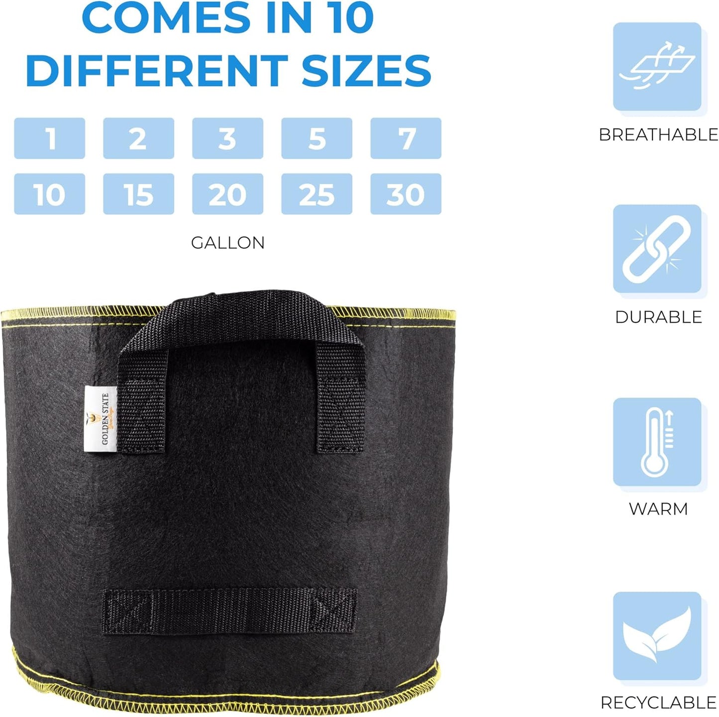 Grow Bags: 5-Pack (Size: 7 Gallon): 300gsm Black Felt Fabric w/Yellow Stitch, Biodegradable and eco-Friendly Material. (Handles + Dumping Handles-pat.Pend).