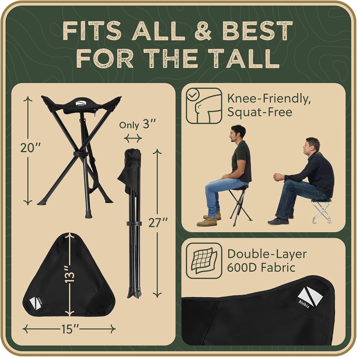 Foldable Tripod Stool - Ultra Portable Seat for Tall People, 20” High - Hunting Chair & Hidden Zippered Pocket - 2 lb Camping Stool, 3 Legged Strong Steel Stool Holds up to 200 lb (Black)