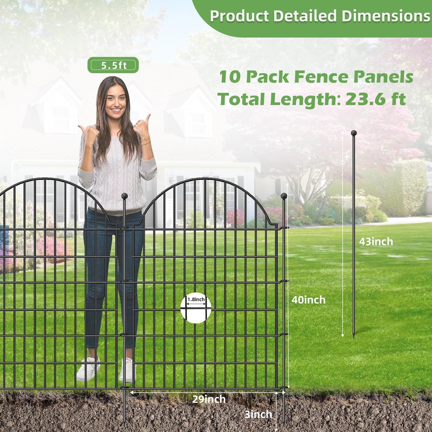 10 Panels No Dig Decorative Garden Fence for Yard, 40in (H) x 23.6ft (L) Rustproof Metal Wire Temporary Dog Fence, Animal Barrier Fencing Patio Panel Border with Temporary Ground Stakes