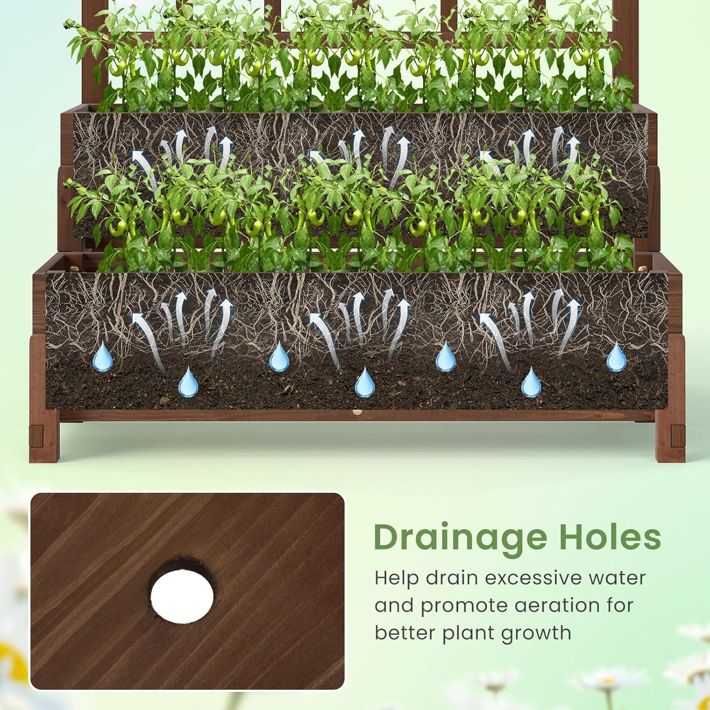 HAPPYGRILL Raised Garden Bed with Trellis, Drainage Holes, 2-Tier Wooden Elevated Planter Box w/Legs for Climbing Plants Vine Flower Herb Vegetable Fruit, Outdoor Garden Box for Patio Balcony