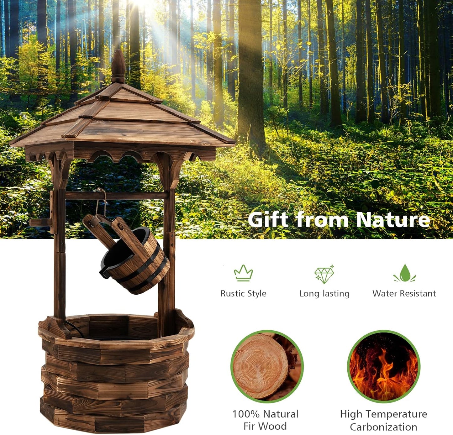 Giantex Rustic Wishing Well Fountain, Outdoor Wooden Water Fountain with Electric Pump, 5 Adjustable Water Flow Rates, Water Bucket, Freestanding Decorative Wishing Well for Backyard Patio Garden