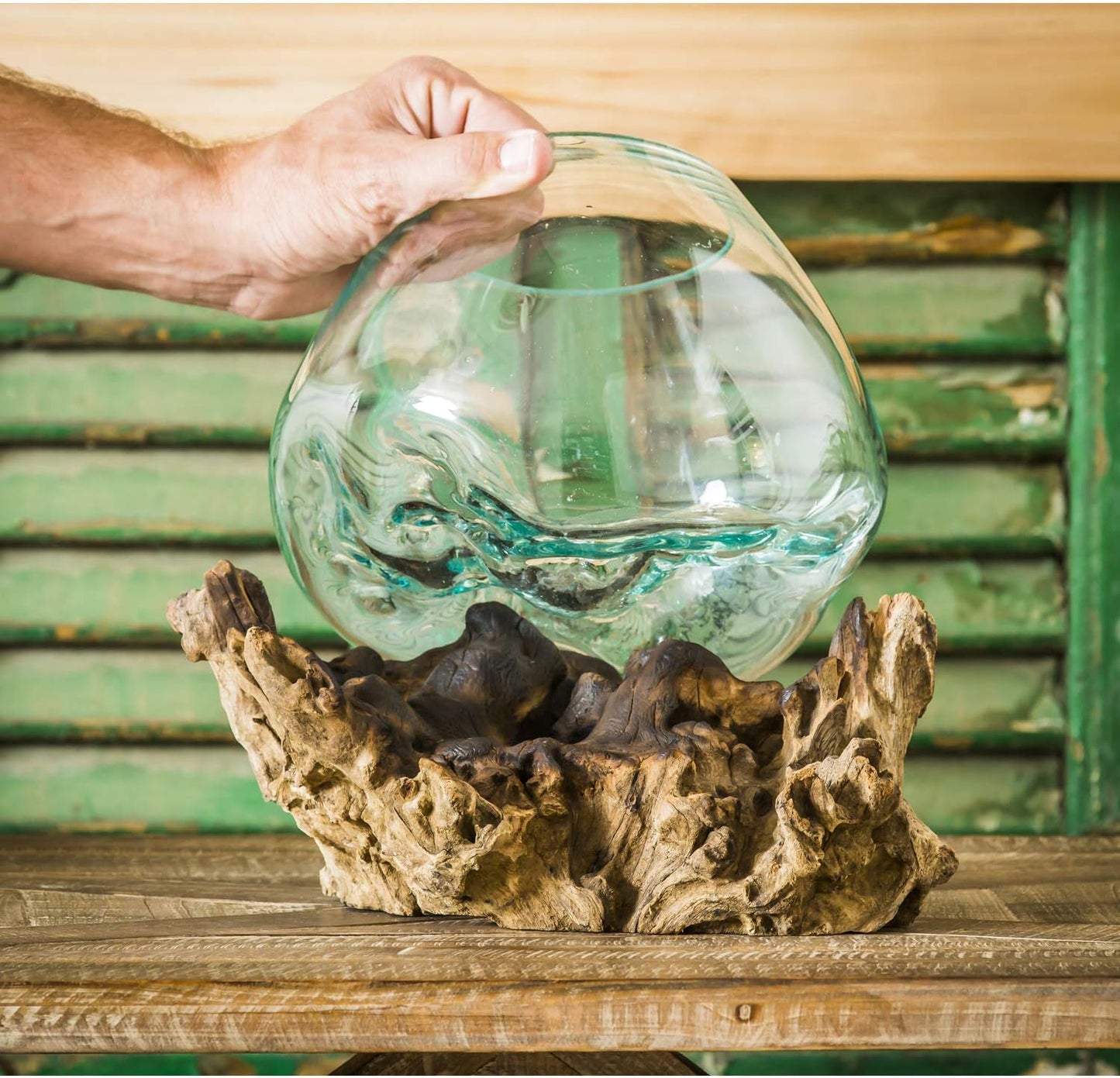 Cape Craftsmen 10" H Hand-Blown Blue Tinted Bubble Glass On Natural Teak Driftwood Terrarium | Home Décor Indoor Planter with Stand | Pot for Succulent and Plants