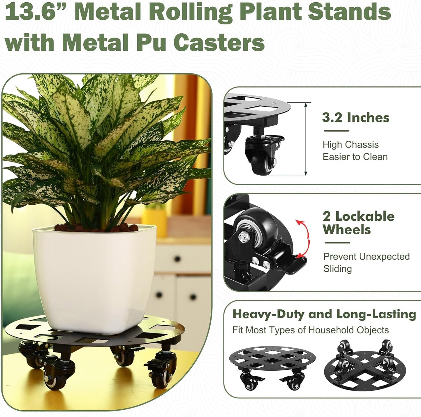 2 Packs 13.6 and 12 inches Large Metal Plant Caddy with Wheels Heavy-duty Round Plant Stands with Casters Indoor Outdoor Flower Pot Mover Roller Base Garden Dolly Coasters Black, Strong Load Capacity