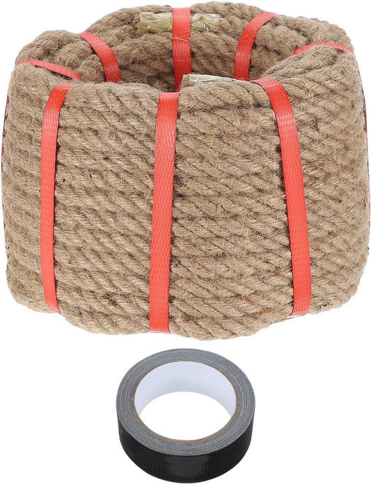 MECCANIXITY Jute Rope 0.6 Inch x 75ft, Thick Twine Rope Ropes Braided Jute Twine Natural Brown Burlap Cord String Heavy Twisted with Tape for Decorative Crafts Railing Swing Tug of War