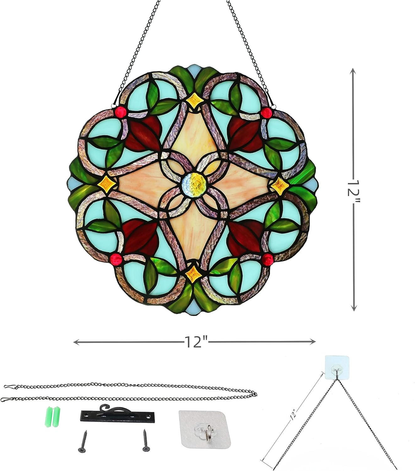 12 Inch Round Stained Glass Window Panel Handmade Tiffany Style Ornament Flower Suncatchers for The Windows Or Wall