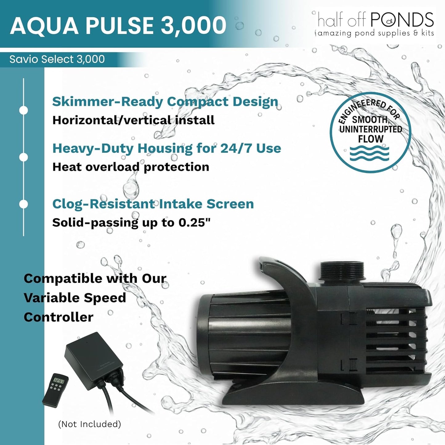 HALF OFF PONDS Savio Select 3,000 GPH Submersible Pump Pond Kit with 15' x 25' EPDM Rubber Pond Liner for Water Garden & Koi Pond