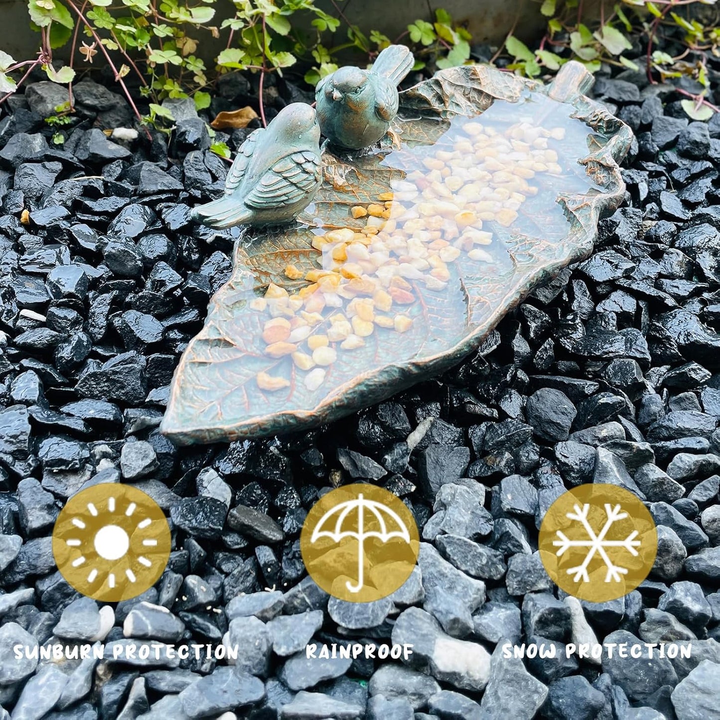 Outdoor Garden Bird Bath Sculpture, Polyresin on Leaf Bird Feeder, Garden Patio Deck Ground Gifts for The Family