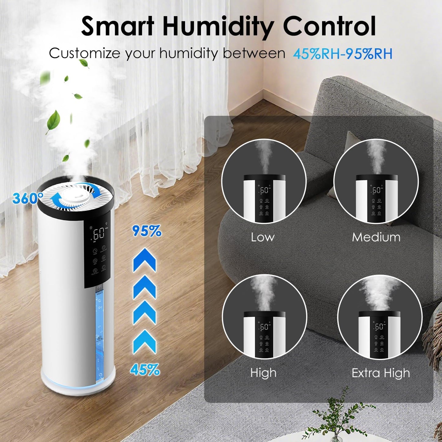 Humidifiers for Bedroom - GloryAir 2.11Gal (8L) Quiet Top Fill Cool Mist Humidifier Large Room 550 ft² 120H Runtime with Humidistat, Auto Mode Diffuser 7-Color Light for Plants Baby Adults Office Home