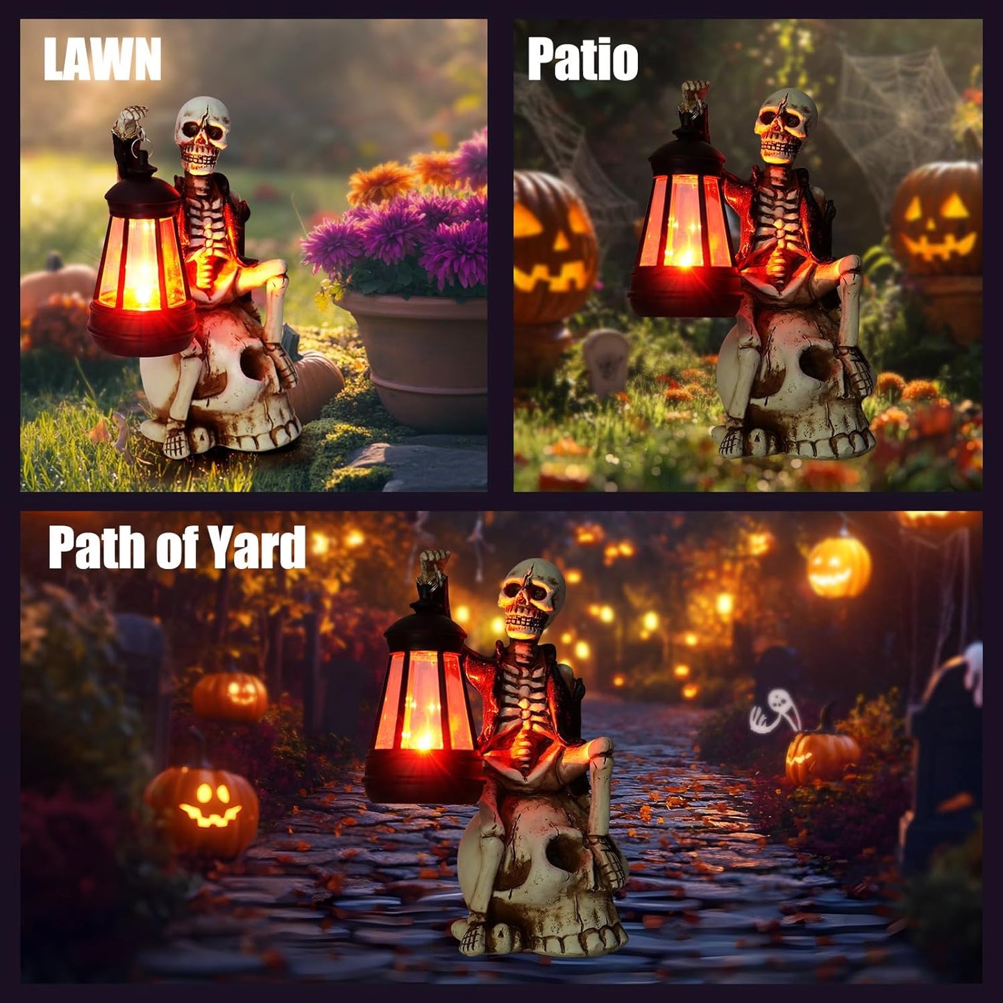 2025 Solar Halloween Decorations Outdoor,Skeleton Figurine Halloween Table Decoration for Outdoor,Skull Statue with Red LED Lantern,Skull Decor for Patio Lawn Yard Balcony Garden Home