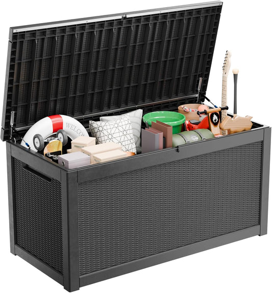 260 Gallon Waterproof Outdoor Storage Box,Large Resin Deck Box,Lockable Outside Storage Box Container for Patio Furniure,Garden,Tools (260 Gallon,Black)