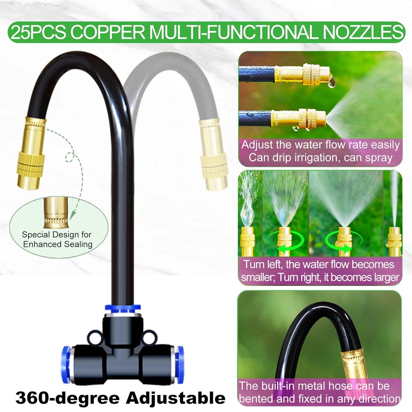 98 Ft Drip Irrigation System,360°Bendable Drip Irrigation Kit,25 Nozzles and 27 Quick Connectors,Automatic Garden Irrigation System,Adjustable Atomizing System for Plants, Greenhouse,Yard,Lawn