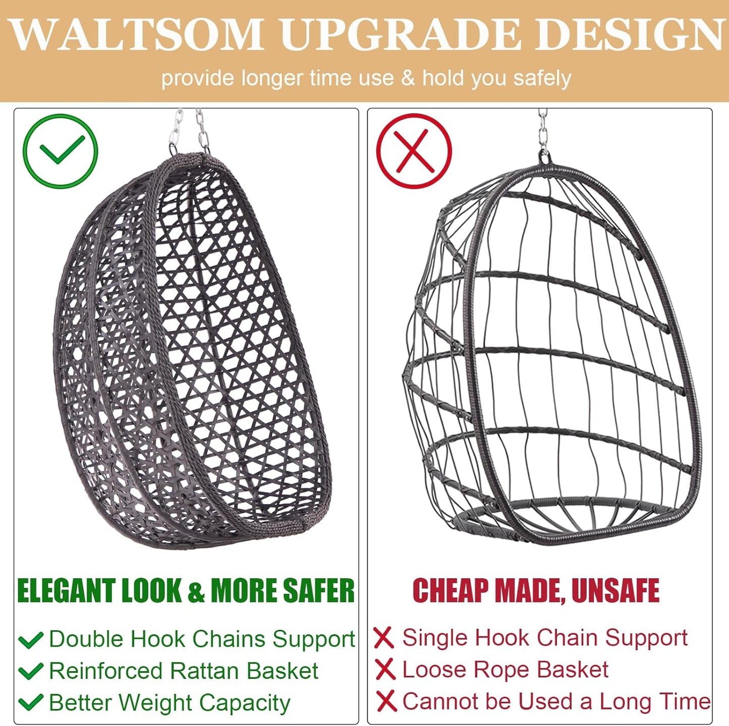 Indoor Hanging Chair with Stand for Bedroom, Hexagon Rattan Wicker Swing Egg Chair for Bedroom Porch Garden Patio Outdoor, Hammock Egg Swing Chair with Cushion,350LBS Capacity(Dark Grey)