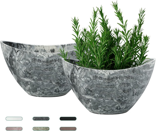 LaDoVita Plant Pots with Drainage Holes, 12 Inch Large Planters for Indoor Plants, Plastic Flower Pots Outdoor, 2 Pack, Marble Pattern Grey