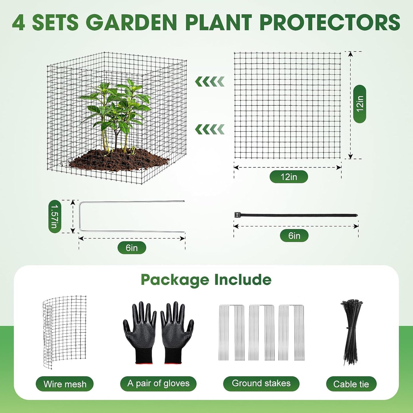 18 PCS Plant Protector from Animals, 6 Pack 12x12 Inch Metal Plant Cages with Ground Stakes and Nylon Tie, Garden Cage to Keep Animals Out, Garden Wire Mesh Protection from Rabbit Chicken