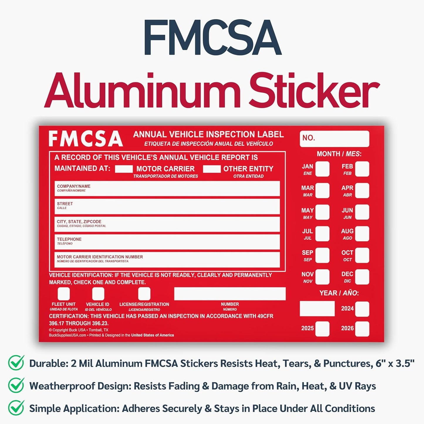 100 Pack Buck Aluminum Annual Vehicle Inspection Label with Punch Boxes, 2 Mil Red FMCSA Self Adhesive Sticker, DOT Compliant, Weatherproof, Tear Resistant, Easy to Write On, 6" x 3.5" - Made in USA