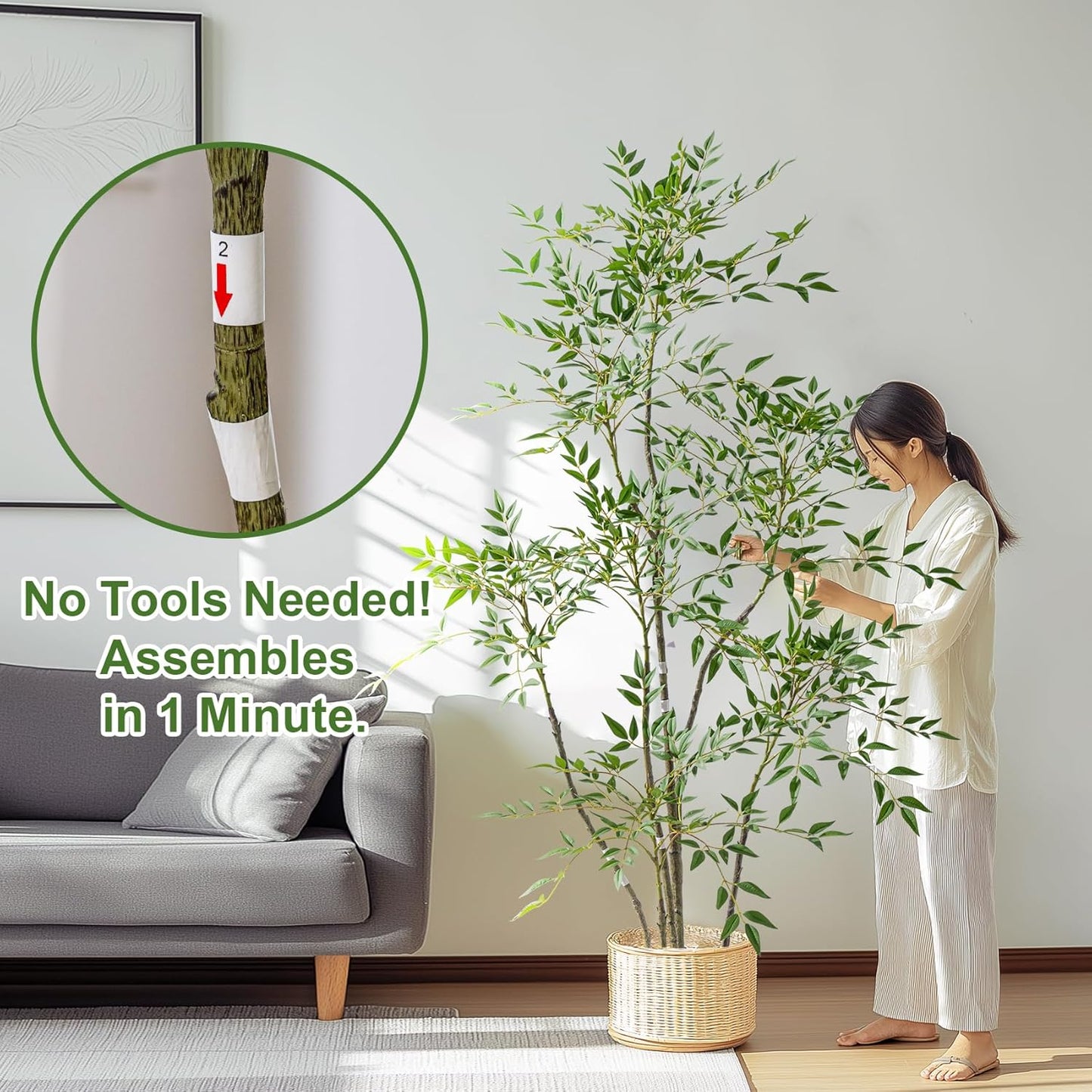 6ft Faux Bamboo Tree Artificial Nandina Tree Artificial Indoor Plants Realistic Fake Potted Tree with 800+ Leaves, Cement Planter - Home Office Decor Perfect for Housewarming Gift Non-Toxic