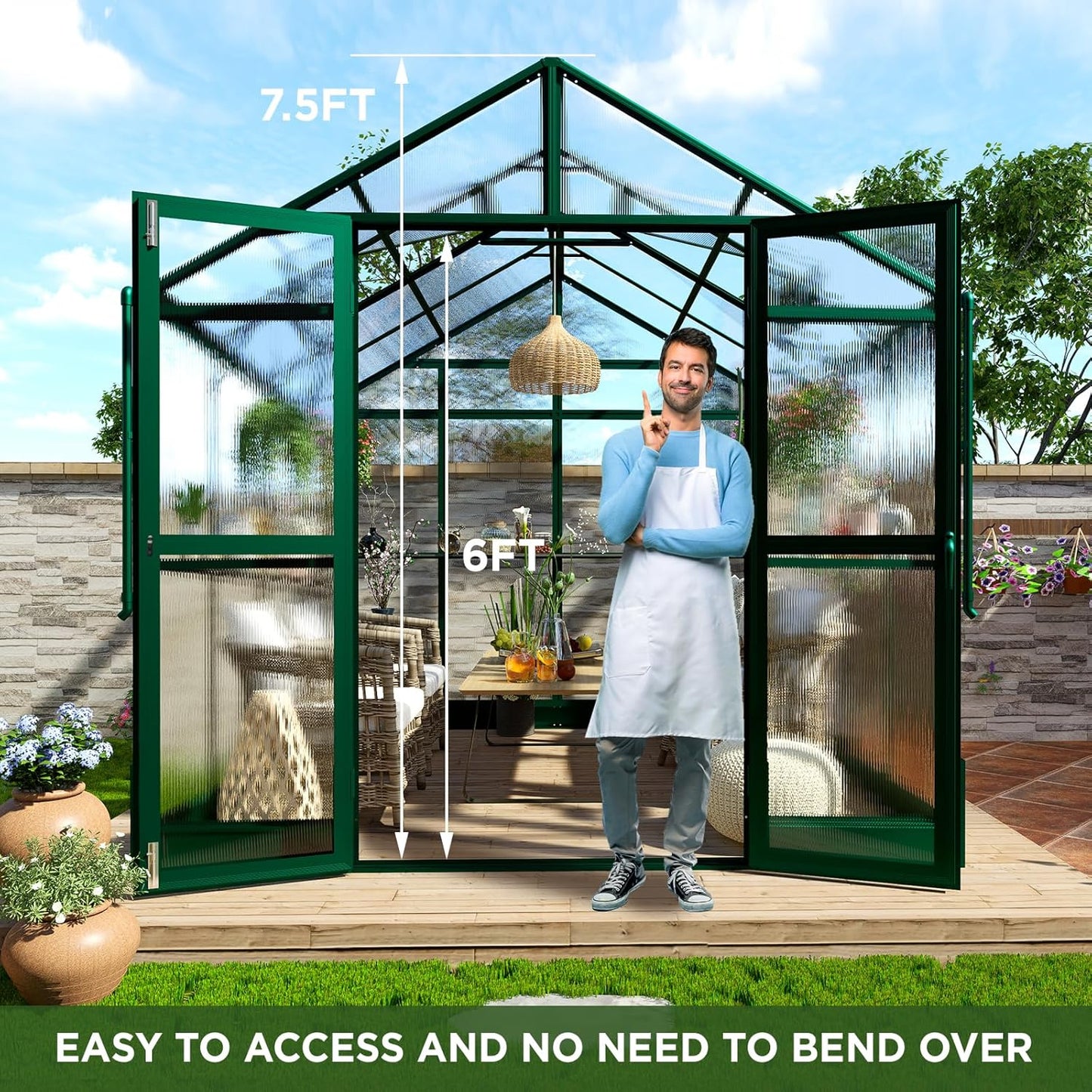 HOWE 8x8x7.5 FT Aluminum Greenhouses for Outdoors,Polycarbonate Greenhouse with 2 Vents Lockable Swing Door Rain Gutter,Walk-in Greenhouse for Backyard Plants,Green