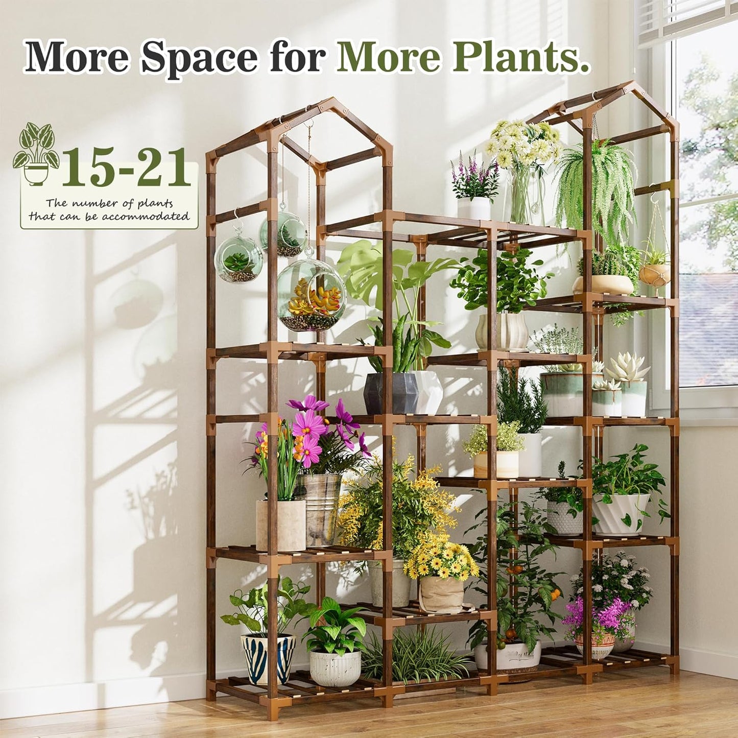 EnHomee Plant Stand Indoor Plant Stands Outdoor Tall Plant Shelf for 15-21 Pots Corner Tiered Plants Stands for Multiple Plants Wood Hanging Plants Holder for Garden Balcony Patio Window Porch
