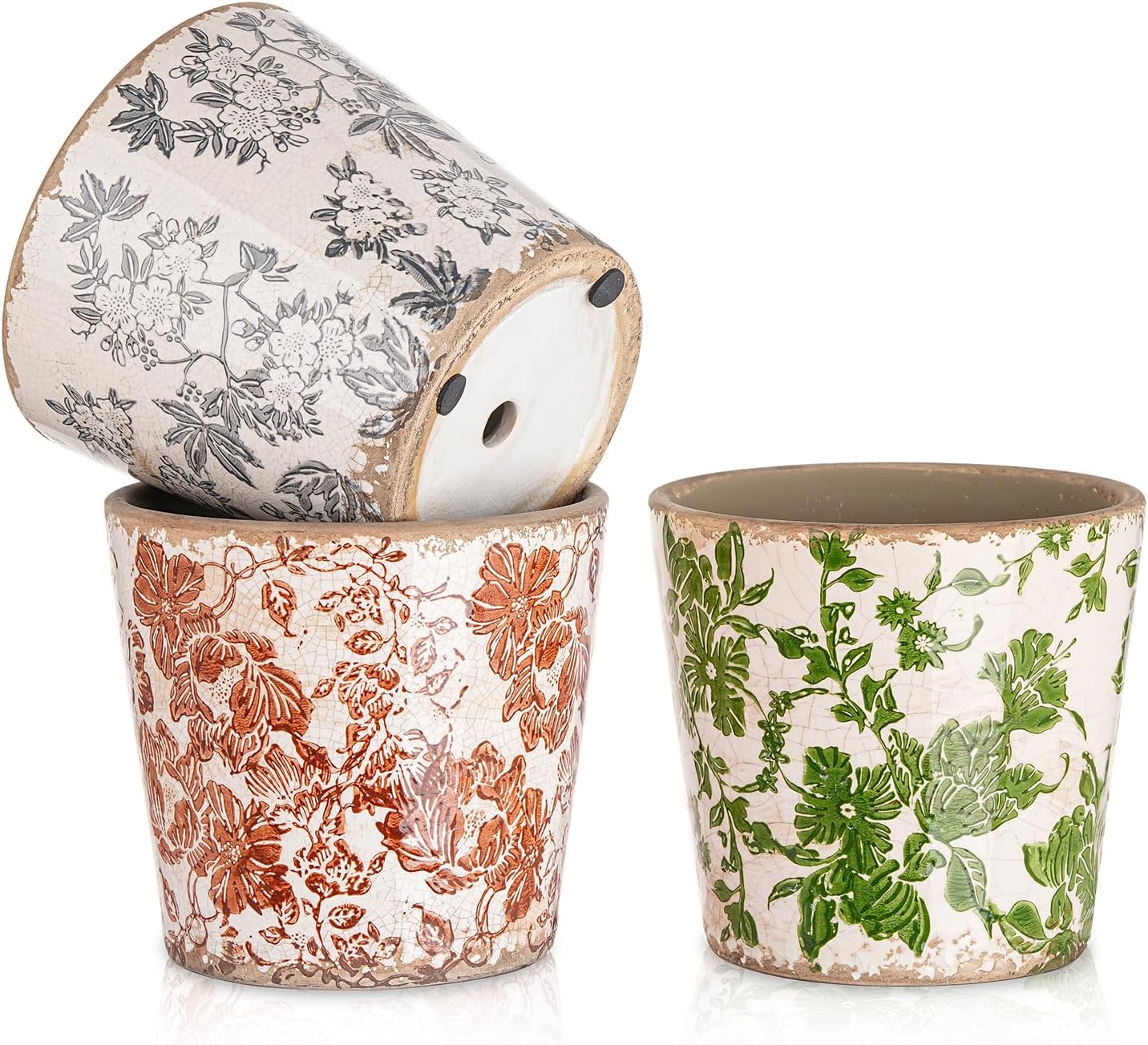 Sungmor Vintage Ceramic Plant Pots, Set of 3 Pretty Ice Cracked Glaze Ceramic Flower Pots, 5.5in. Herb Planters with Drainage Hole, Tuscan Planters for Indoor Outdoor Plants, Home Garden Decor Pot