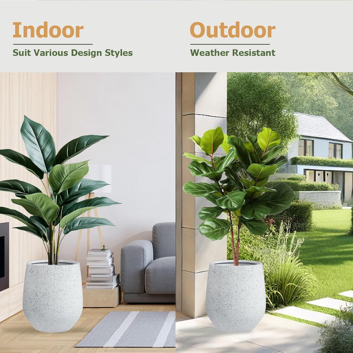 16.5" H x 15" D Ribbed Corso Fiberstone Round Planter with Drainage Hole, Weather Resistant for Indoor and Outdoor Use, Included 2 Extra Coco Mats (Ribbed Speckled White, 11.5" Pot Opening)